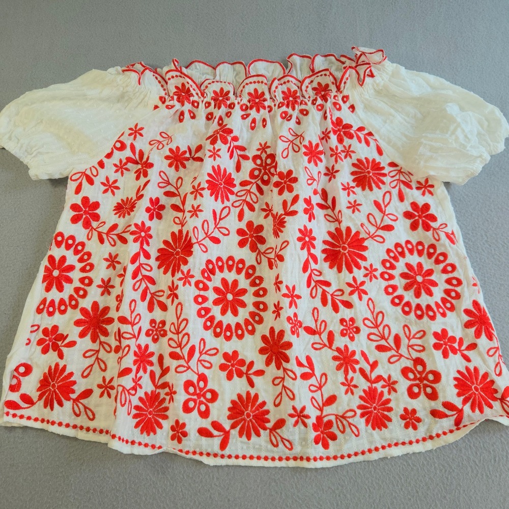 Impressions Embroidered Top Women 1X White Red Floral Boho Dot Off Shoulder